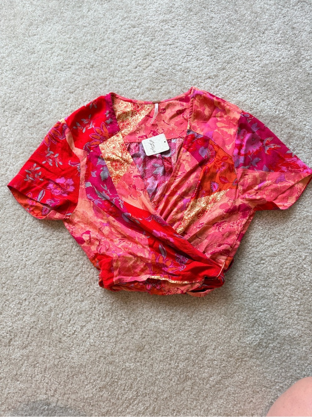 Free People Ashley Summer Wrap Crop Top Large Fun Combo Patchwork Boho Floral - Picture 2 of 11